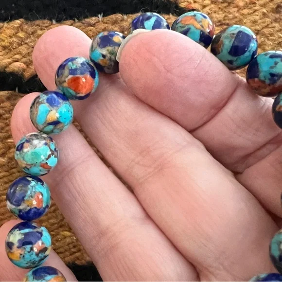 ❤️ Turquoise Spiny Oyster Lapis Composite Stretch Bracelet 12mm Sz 7 Adjustable - Picture 5 of 10